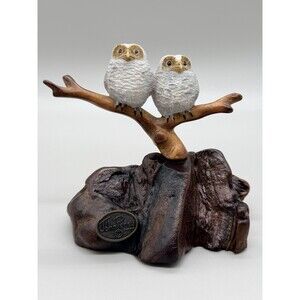 John Perry Owlets Duo Baby Owls Sculpture Figurine Natural Burlwood Base 5"x4"